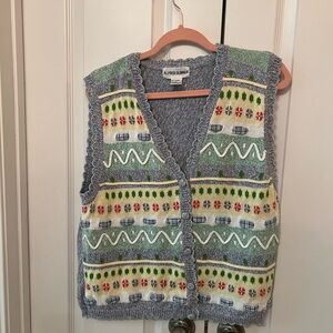 Alfred Dunner Mid-Size - L Vintage Patterned Spring Baby Blue & Green Knit Vest